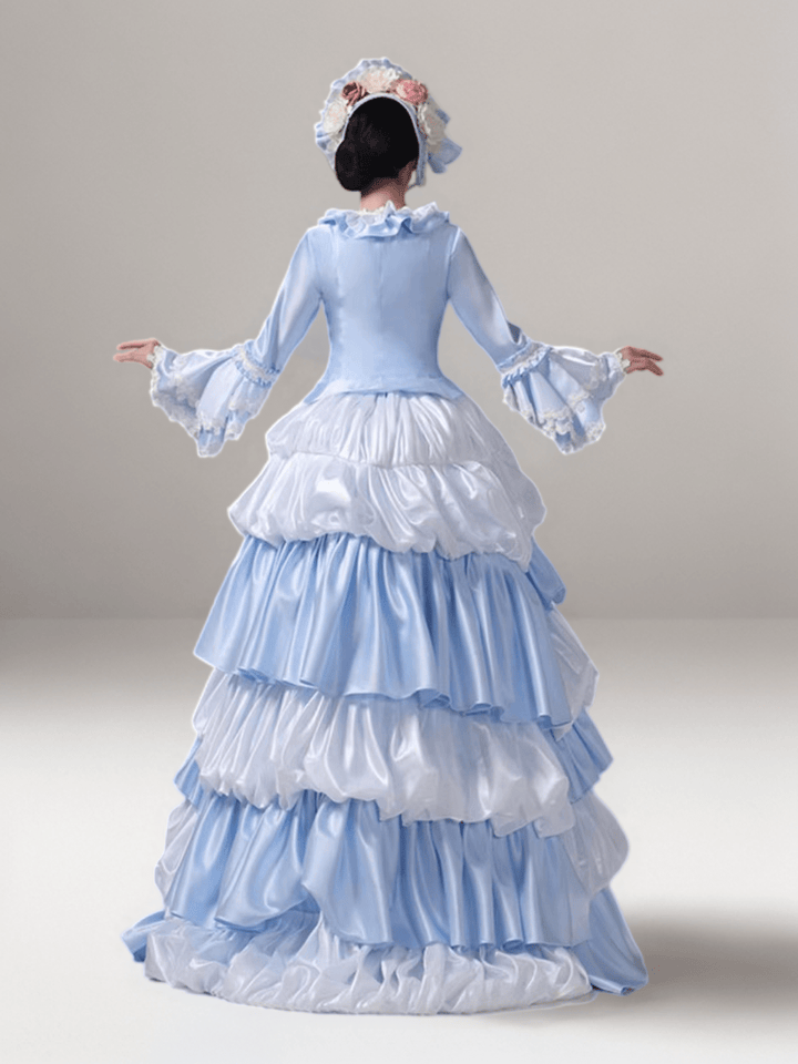 Blue Elegance Rococo Ball Gown with White Lace Accents – Layered Victorian Style Dress Plus Size - WonderlandByLilian