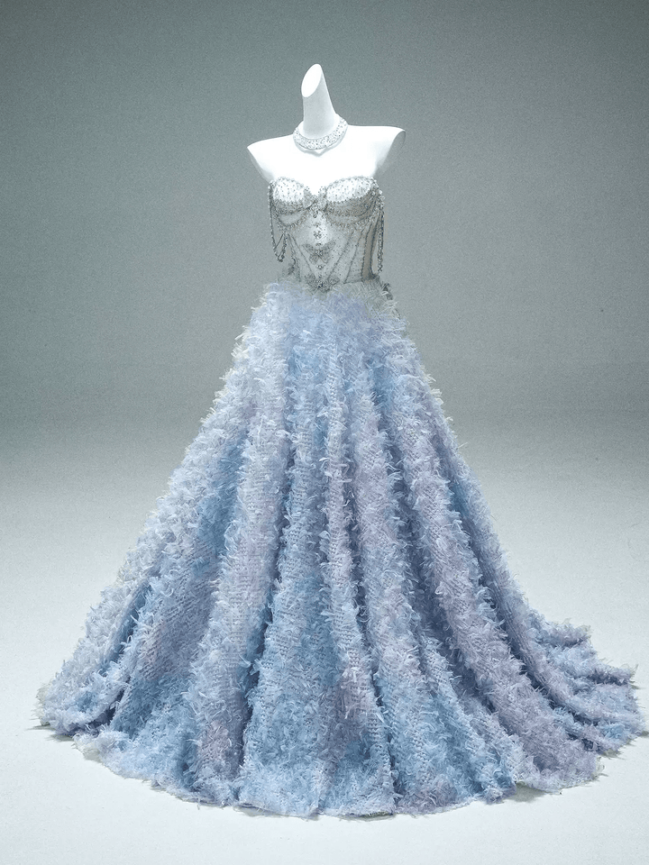 Blue Evening Dress with Beaded Corset – Strapless Layered Tulle Ruffle Dress Plus Size - WonderlandByLilian