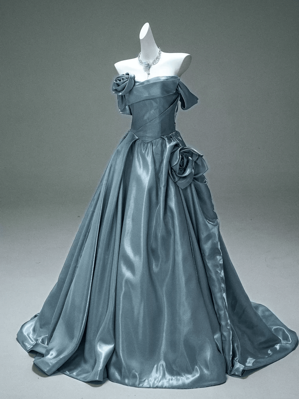 Blue Evening Gown with Off Shoulder Floral Design – Off the Shoulder Ball Gown Dress with Draped Satin Skirt Plus Size - WonderlandByLilian