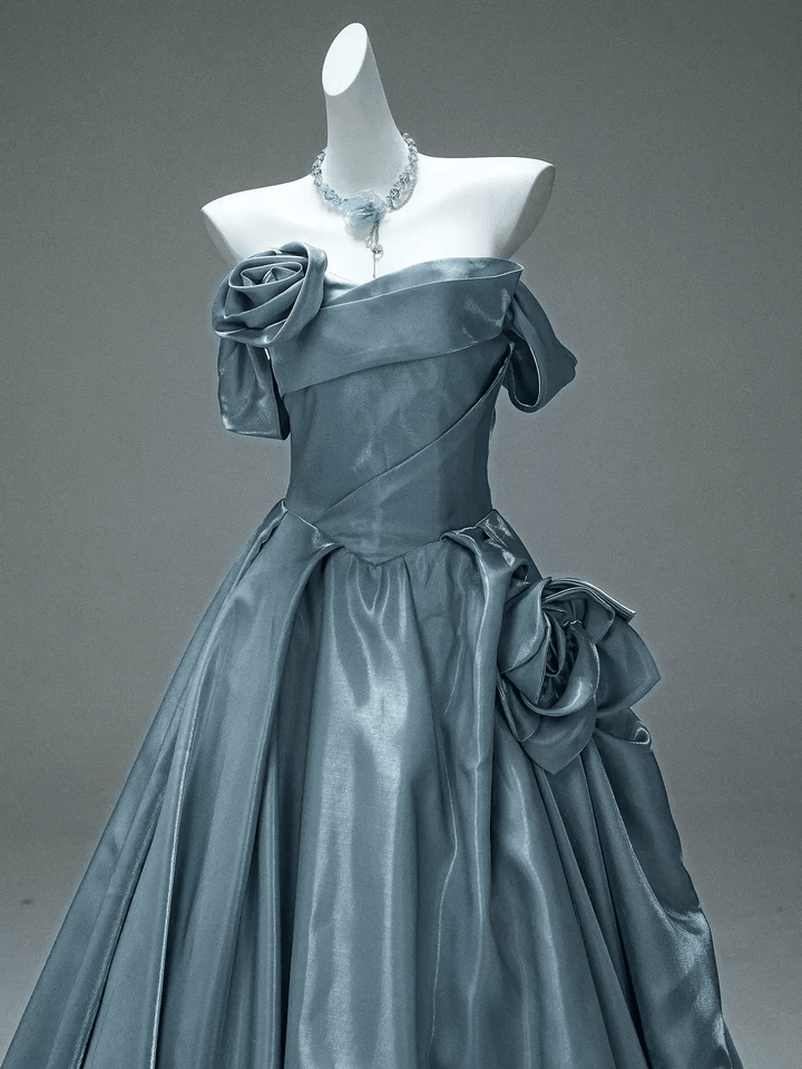 Blue Evening Gown with Off Shoulder Floral Design – Off the Shoulder Ball Gown Dress with Draped Satin Skirt Plus Size - WonderlandByLilian