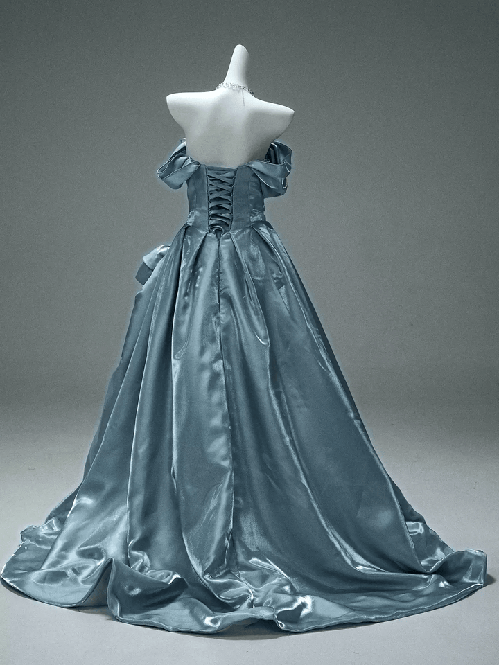 Blue Evening Gown with Off Shoulder Floral Design – Off the Shoulder Ball Gown Dress with Draped Satin Skirt Plus Size - WonderlandByLilian