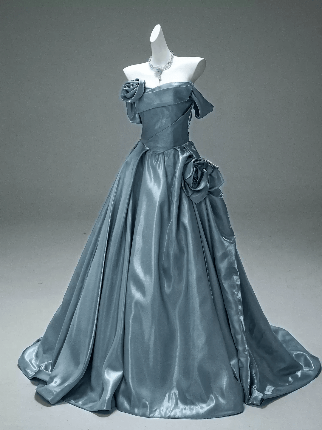 Blue Evening Gown with Off Shoulder Floral Design – Off the Shoulder Ball Gown Dress with Draped Satin Skirt Plus Size - WonderlandByLilian