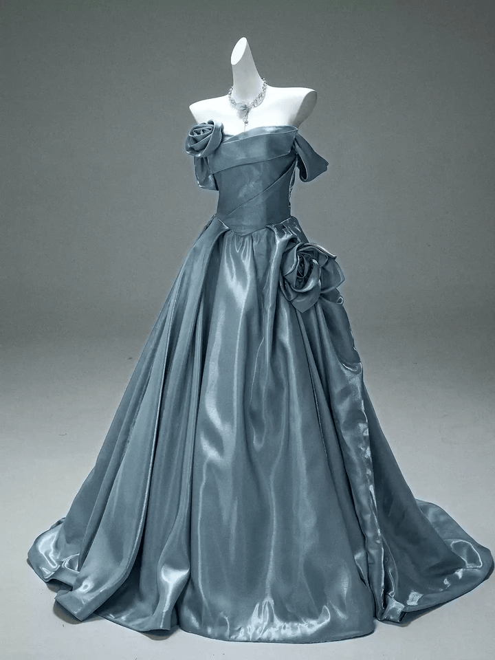 Blue Evening Gown with Off Shoulder Floral Design – Off the Shoulder Ball Gown Dress with Draped Satin Skirt Plus Size - WonderlandByLilian