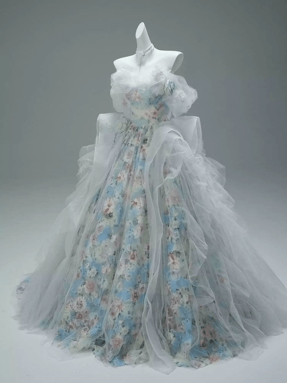 Blue Fairytale Floral Evening Dress with Oversized Bow – Off the Shoulder Evening Dress with Corset Back Plus Size - WonderlandByLilian