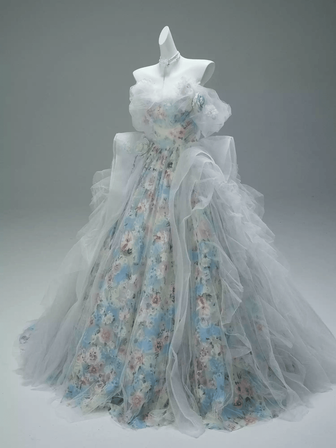 Blue Fairytale Floral Evening Dress with Oversized Bow – Off the Shoulder Evening Dress with Corset Back Plus Size - WonderlandByLilian