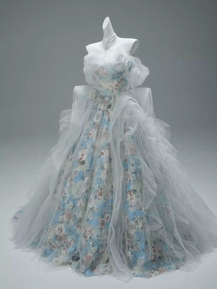 Blue Fairytale Floral Evening Dress with Oversized Bow – Off the Shoulder Evening Dress with Corset Back Plus Size - WonderlandByLilian