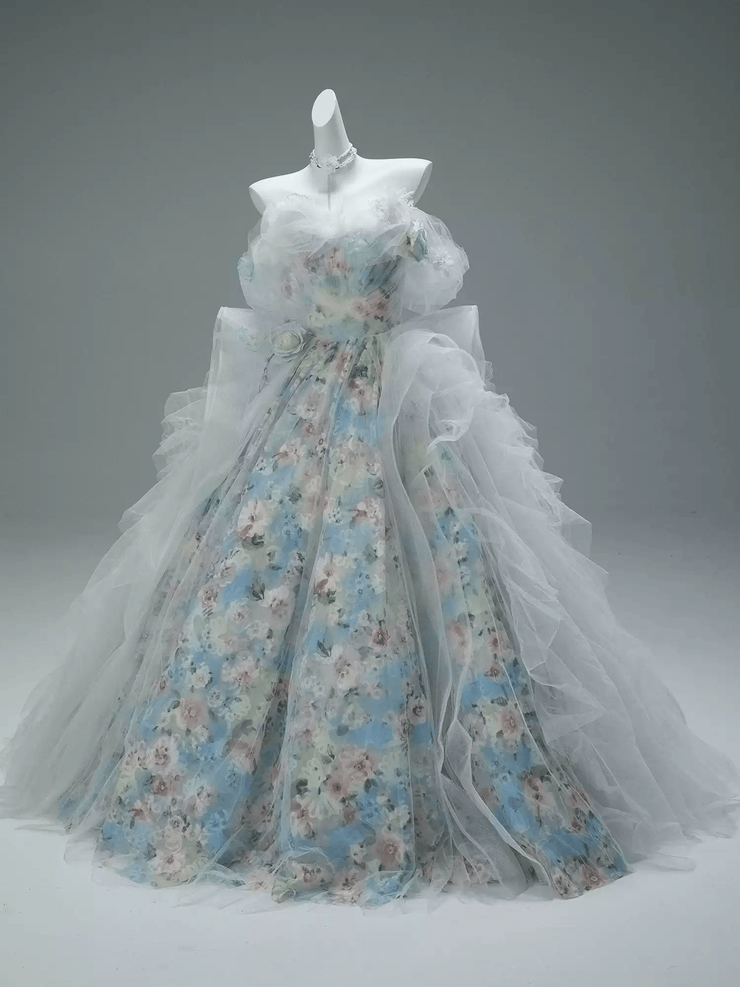 Blue Fairytale Floral Evening Dress with Oversized Bow – Off the Shoulder Evening Dress with Corset Back Plus Size - WonderlandByLilian