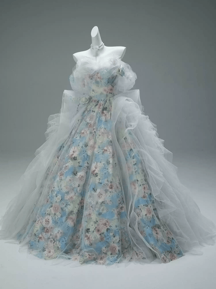 Blue Fairytale Floral Evening Dress with Oversized Bow – Off the Shoulder Evening Dress with Corset Back Plus Size - WonderlandByLilian