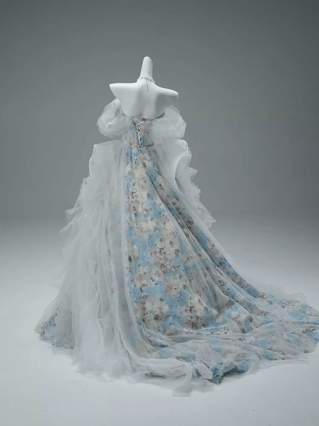 Blue Fairytale Floral Evening Dress with Oversized Bow – Off the Shoulder Evening Dress with Corset Back Plus Size - WonderlandByLilian