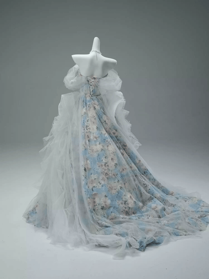 Blue Fairytale Floral Evening Dress with Oversized Bow – Off the Shoulder Evening Dress with Corset Back Plus Size - WonderlandByLilian