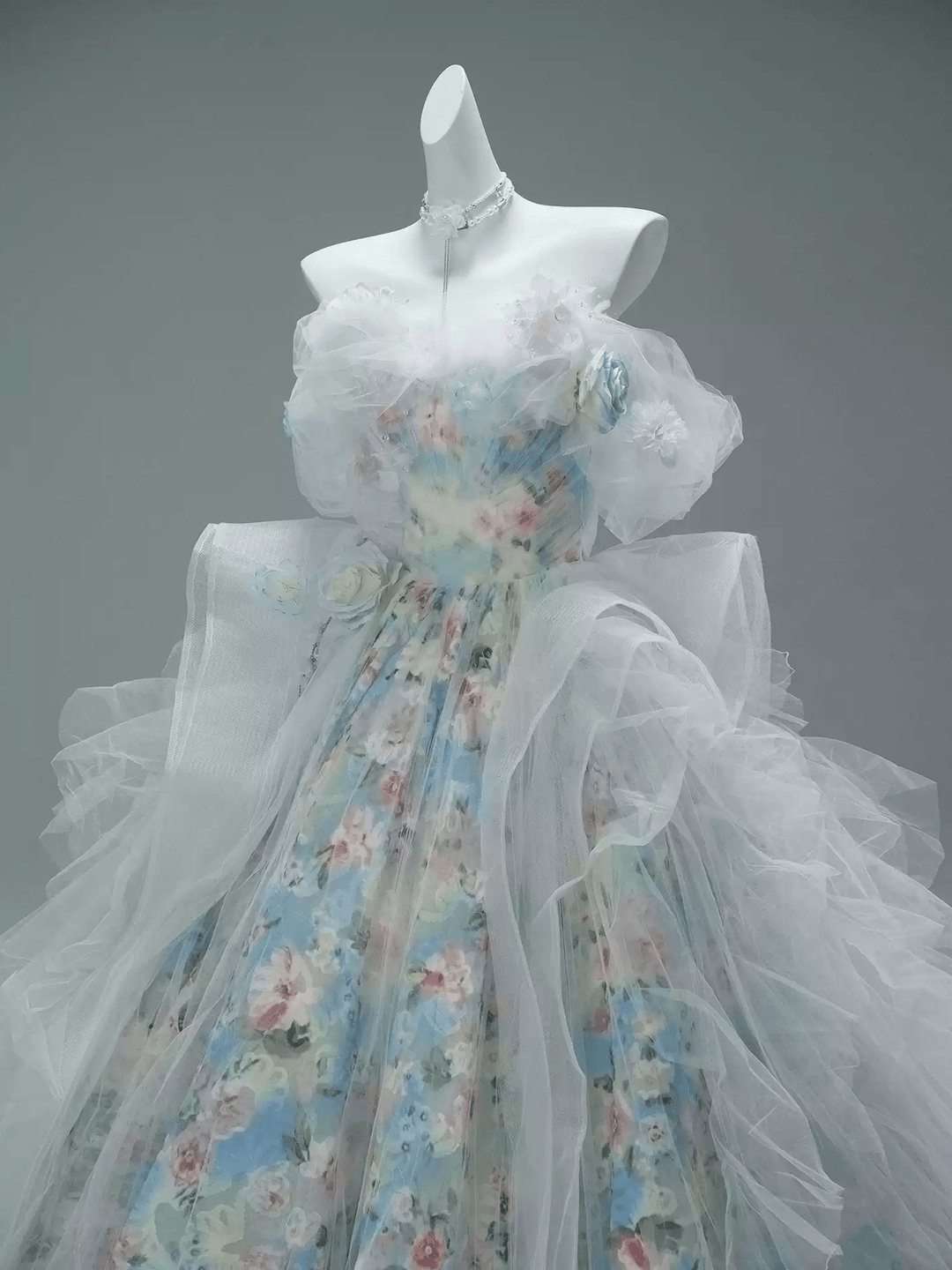 Blue Fairytale Floral Evening Dress with Oversized Bow – Off the Shoulder Evening Dress with Corset Back Plus Size - WonderlandByLilian
