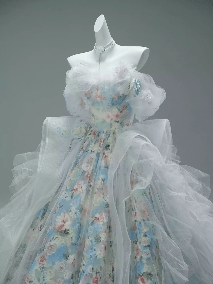 Blue Fairytale Floral Evening Dress with Oversized Bow – Off the Shoulder Evening Dress with Corset Back Plus Size - WonderlandByLilian