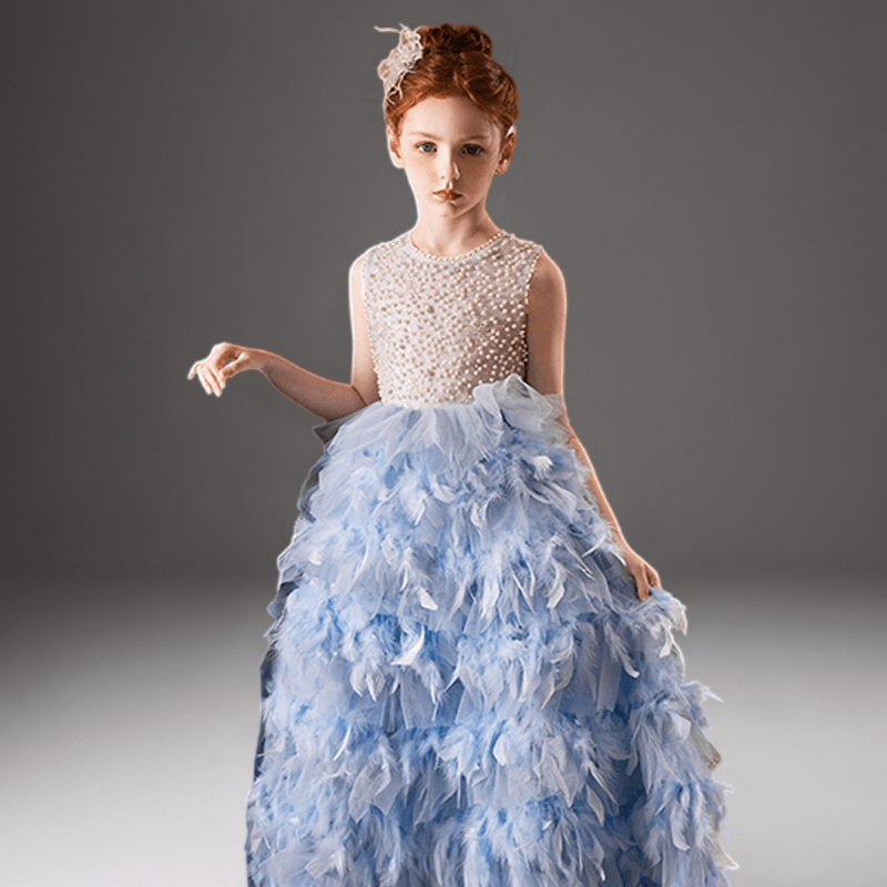 Blue Feather Tulle Flower Girl Dress with Pearl Bodice – Special Occasion Flower Girl Dress Plus Size - WonderlandByLilian