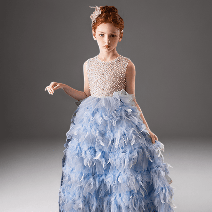 Blue Feather Tulle Flower Girl Dress with Pearl Bodice – Special Occasion Flower Girl Dress Plus Size - WonderlandByLilian