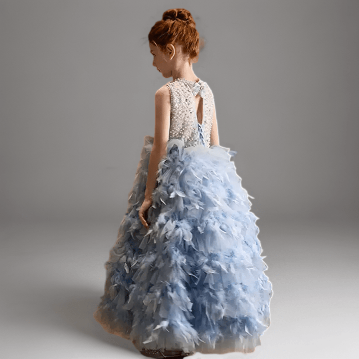Blue Feather Tulle Flower Girl Dress with Pearl Bodice – Special Occasion Flower Girl Dress Plus Size - WonderlandByLilian