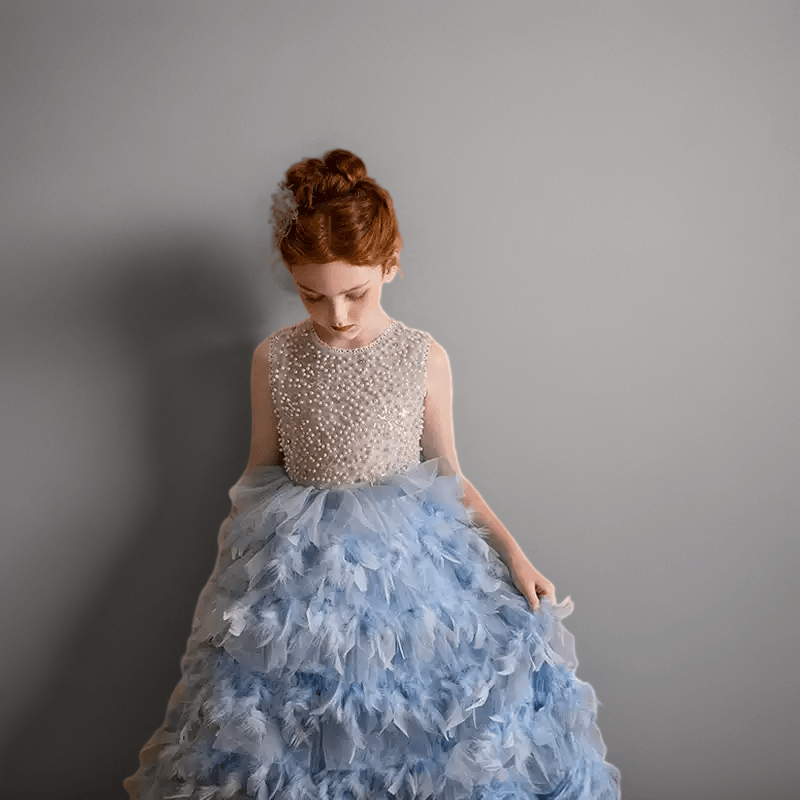 Blue Feather Tulle Flower Girl Dress with Pearl Bodice – Special Occasion Flower Girl Dress Plus Size - WonderlandByLilian