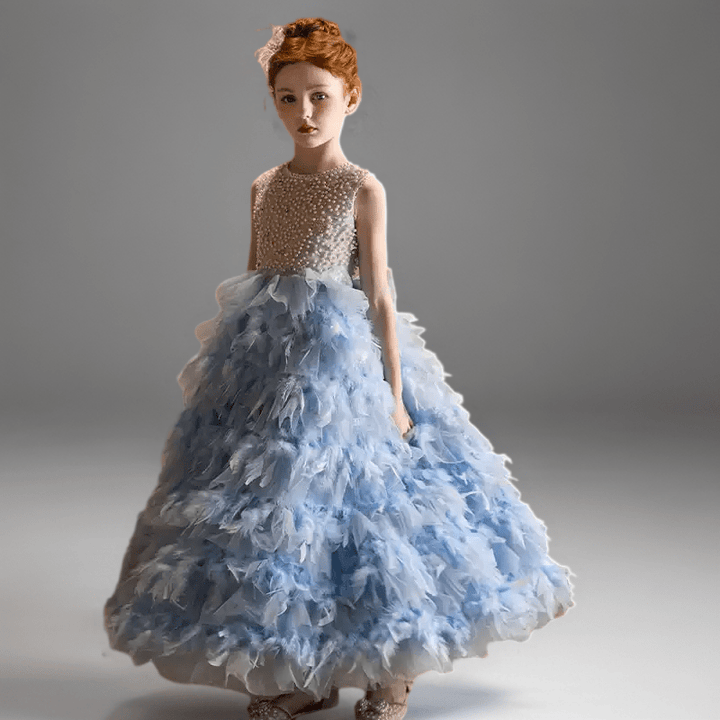 Blue Feather Tulle Flower Girl Dress with Pearl Bodice – Special Occasion Flower Girl Dress Plus Size - WonderlandByLilian