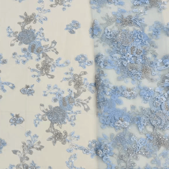 Blue - Gray Floral Sequin Embroidered Lace Fabric - WonderlandByLilian