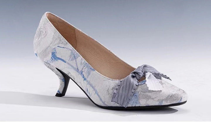 Blue Grey Regency Heels and Lolita Mules - Lolita Shoes with Bow - WonderlandByLilian