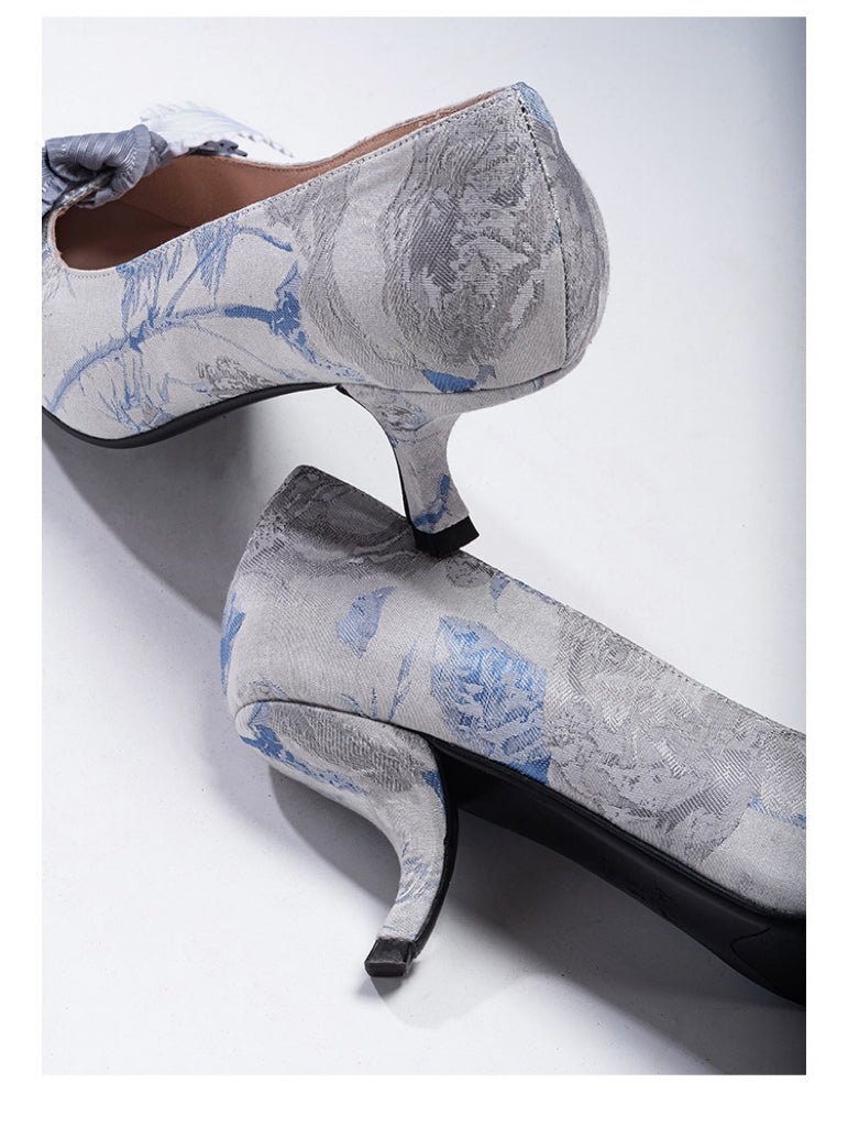 Blue Grey Regency Heels and Lolita Mules - Lolita Shoes with Bow - WonderlandByLilian