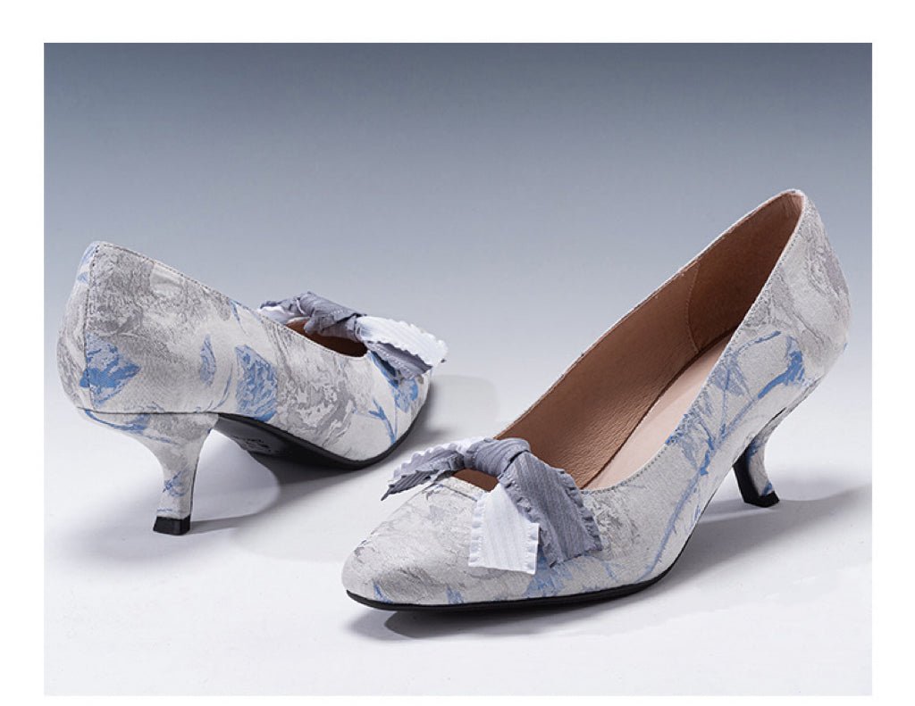 Blue Grey Regency Heels and Lolita Mules - Lolita Shoes with Bow - WonderlandByLilian