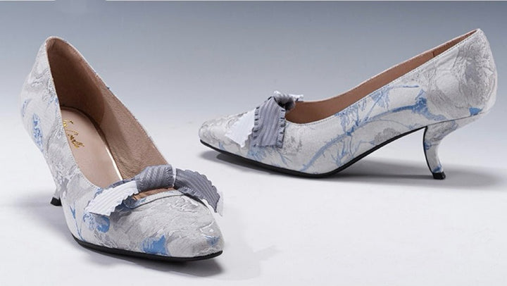 Blue Grey Regency Heels and Lolita Mules - Lolita Shoes with Bow - WonderlandByLilian