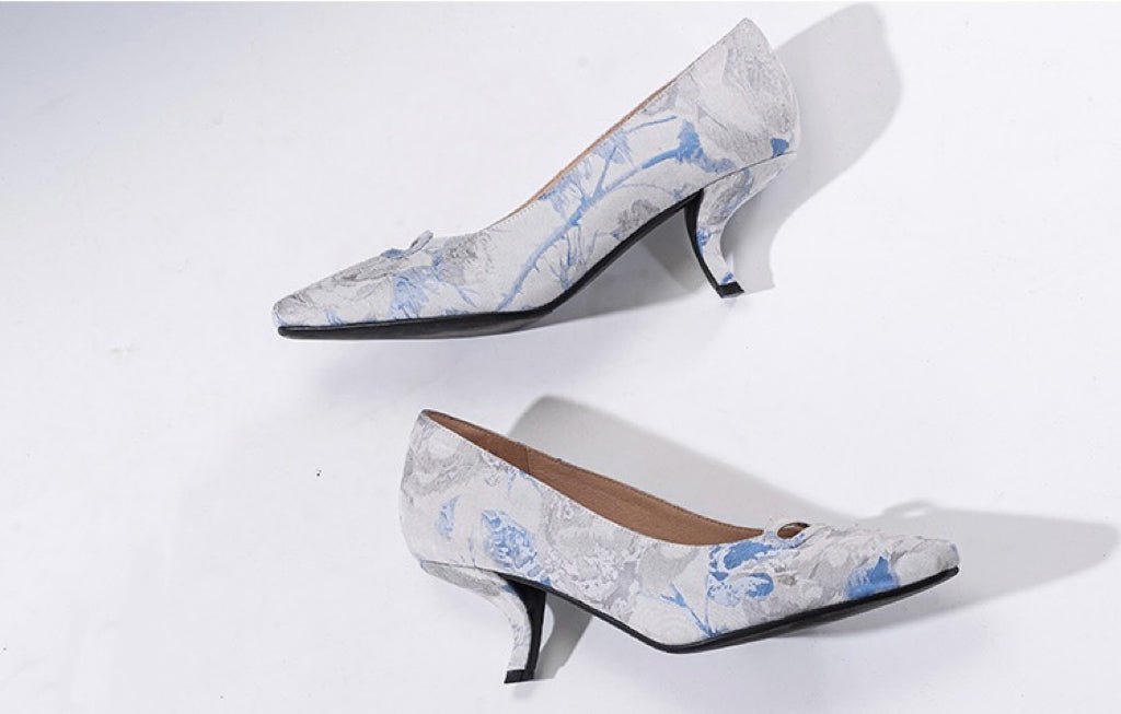 Blue Grey Regency Heels and Lolita Mules - Lolita Shoes with Bow - WonderlandByLilian