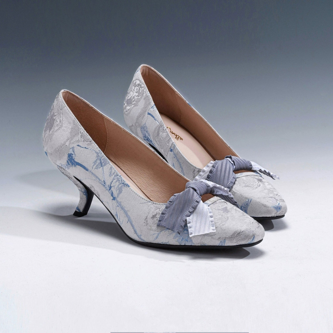 Blue Grey Regency Heels and Lolita Mules - Lolita Shoes with Bow - WonderlandByLilian