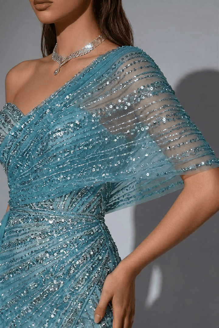 Blue Off - Shoulder Sequin Evening Gown – Sparkly Maxi Dress with Slit and Tulle Train Plus Size - WonderlandByLilian