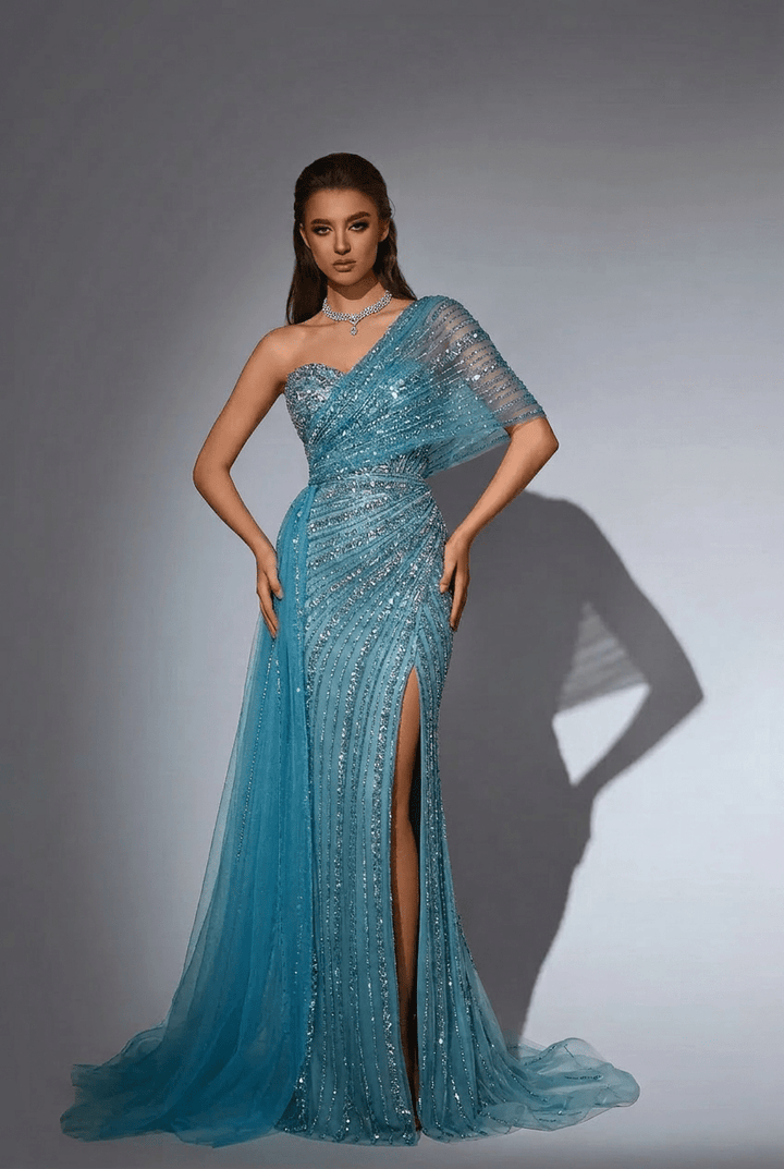 Blue Off - Shoulder Sequin Evening Gown – Sparkly Maxi Dress with Slit and Tulle Train Plus Size - WonderlandByLilian