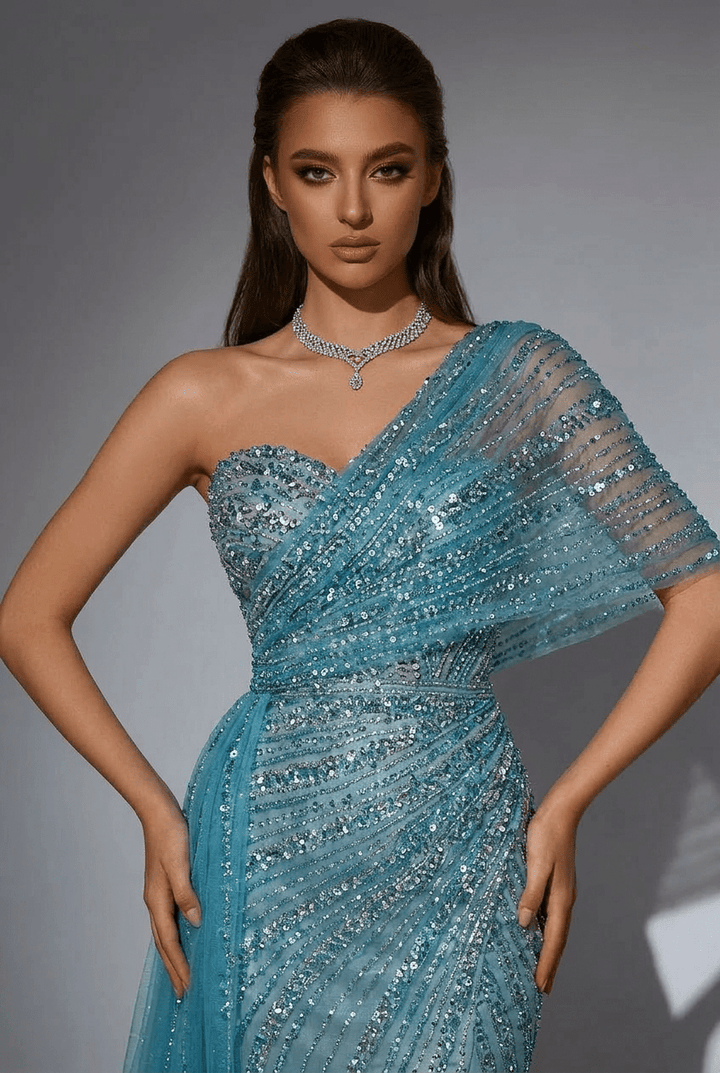 Blue Off - Shoulder Sequin Evening Gown – Sparkly Maxi Dress with Slit and Tulle Train Plus Size - WonderlandByLilian