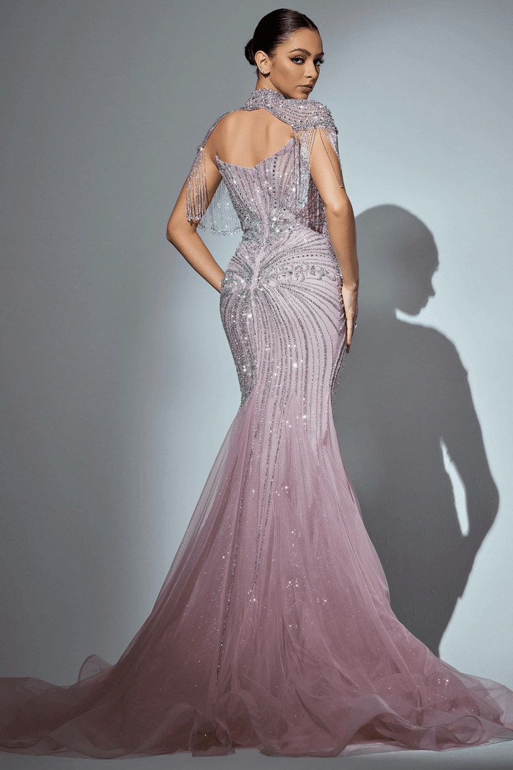 Blue Pretty Sequin Dress with Off - Shoulder Design – Embellished Gown with High Slit and Sheer Train Plus Size - WonderlandByLilian