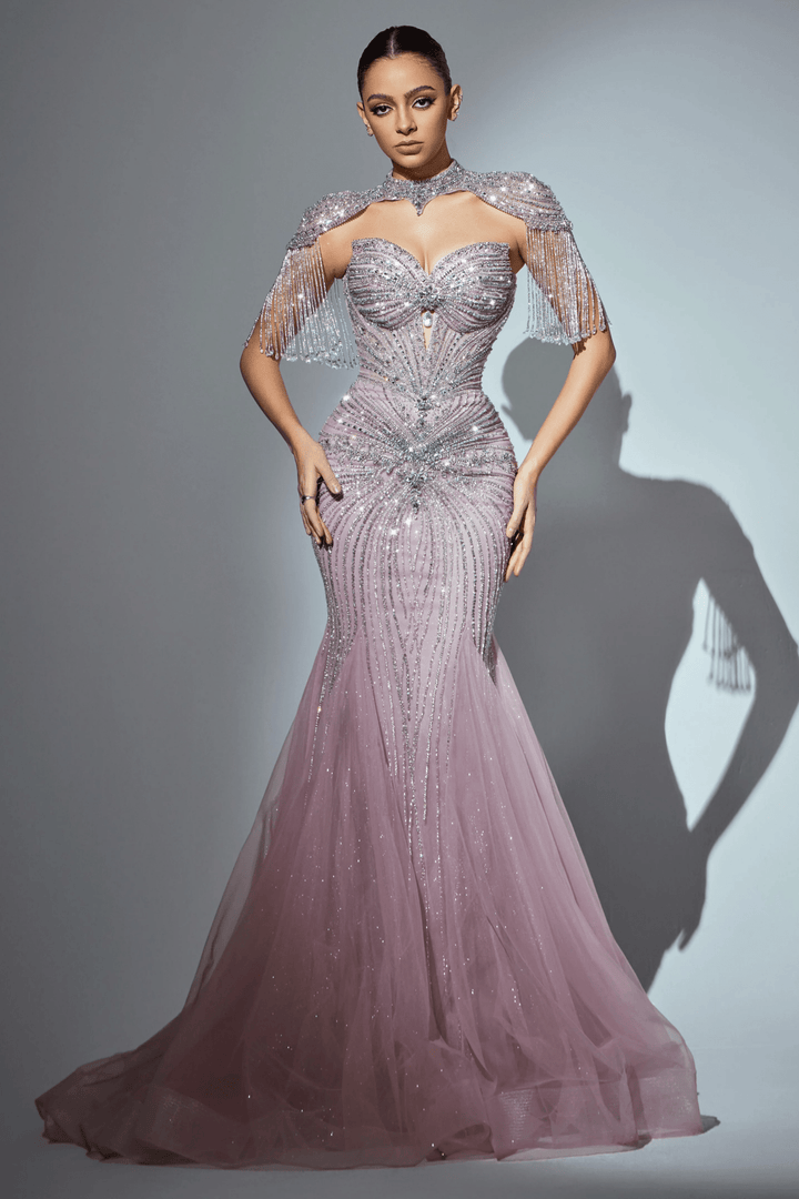 Blue Pretty Sequin Dress with Off - Shoulder Design – Embellished Gown with High Slit and Sheer Train Plus Size - WonderlandByLilian