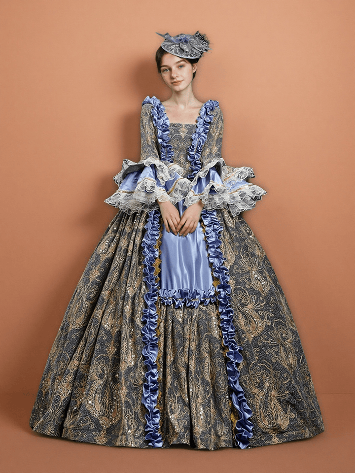 Blue Rococo Court Dress with Ruffles and Satin Panels – 18th Century Marie Antoinette Gown - WonderlandByLilian