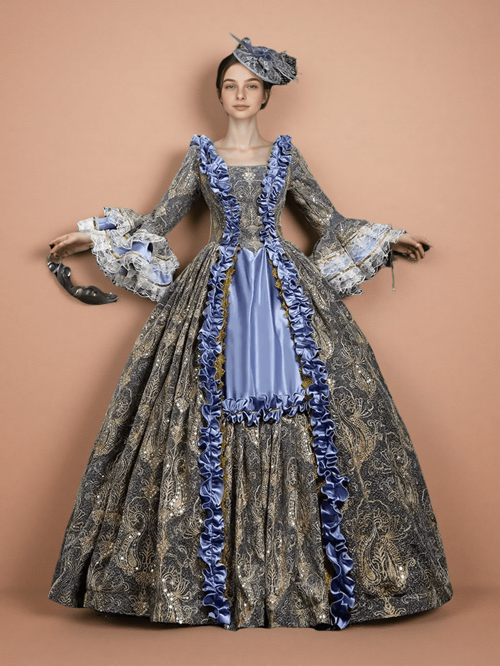 Blue Rococo Court Dress with Ruffles and Satin Panels – 18th Century Marie Antoinette Gown - WonderlandByLilian