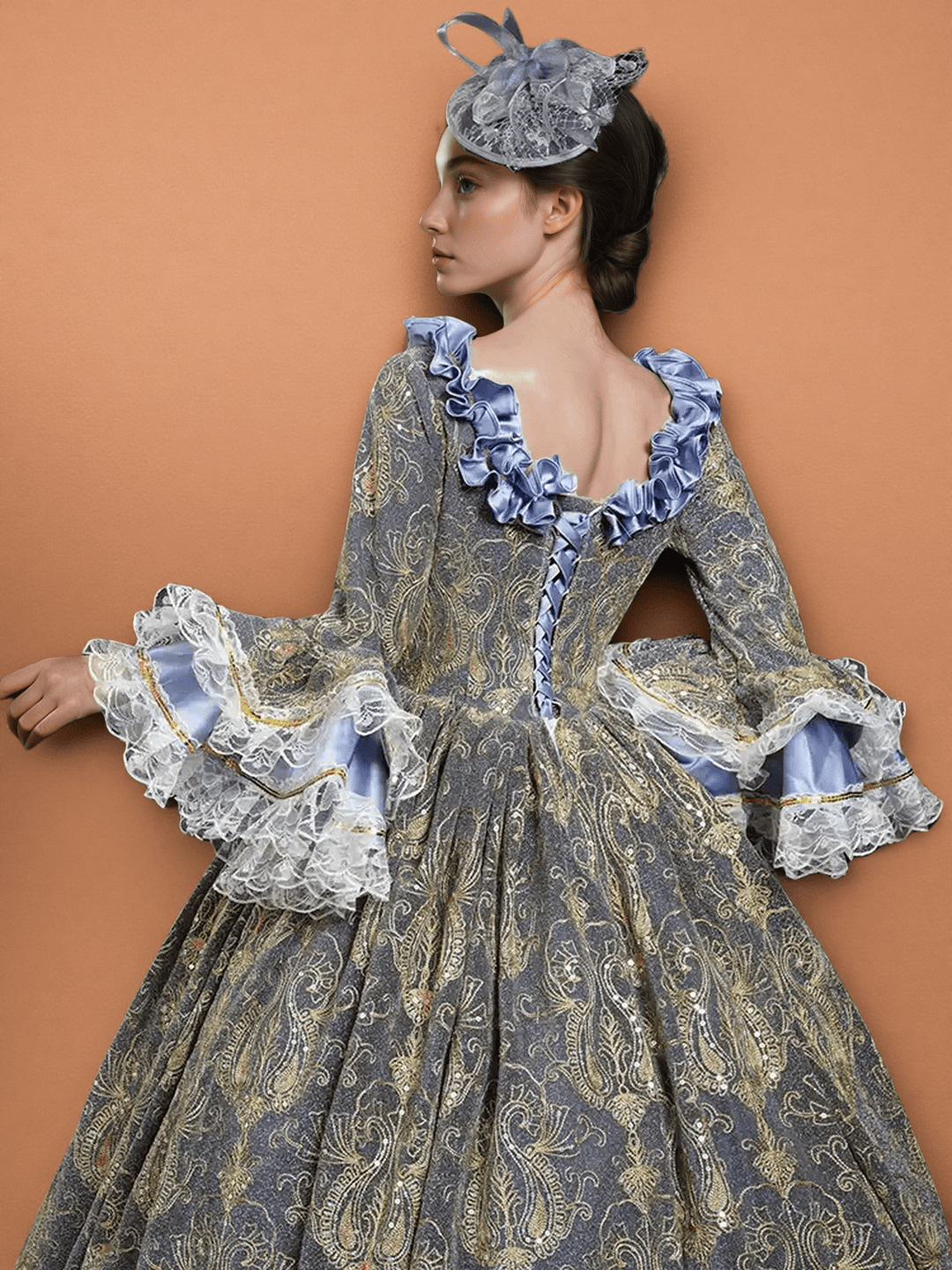 Blue Rococo Court Dress with Ruffles and Satin Panels – 18th Century Marie Antoinette Gown - WonderlandByLilian