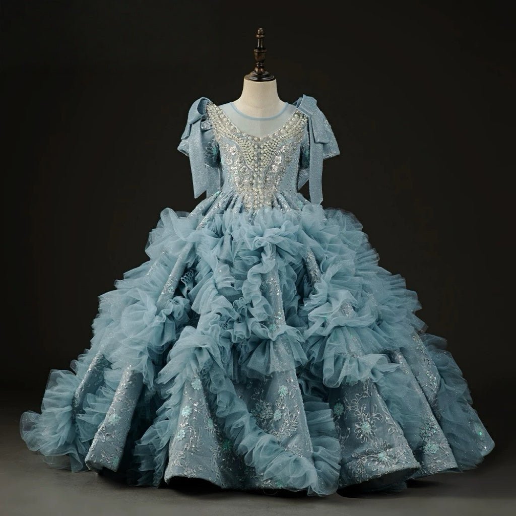 Blue Ruffled Tulle Flower Girl Dress with Beaded Bodice – Blue Children Dress Plus Size - WonderlandByLilian