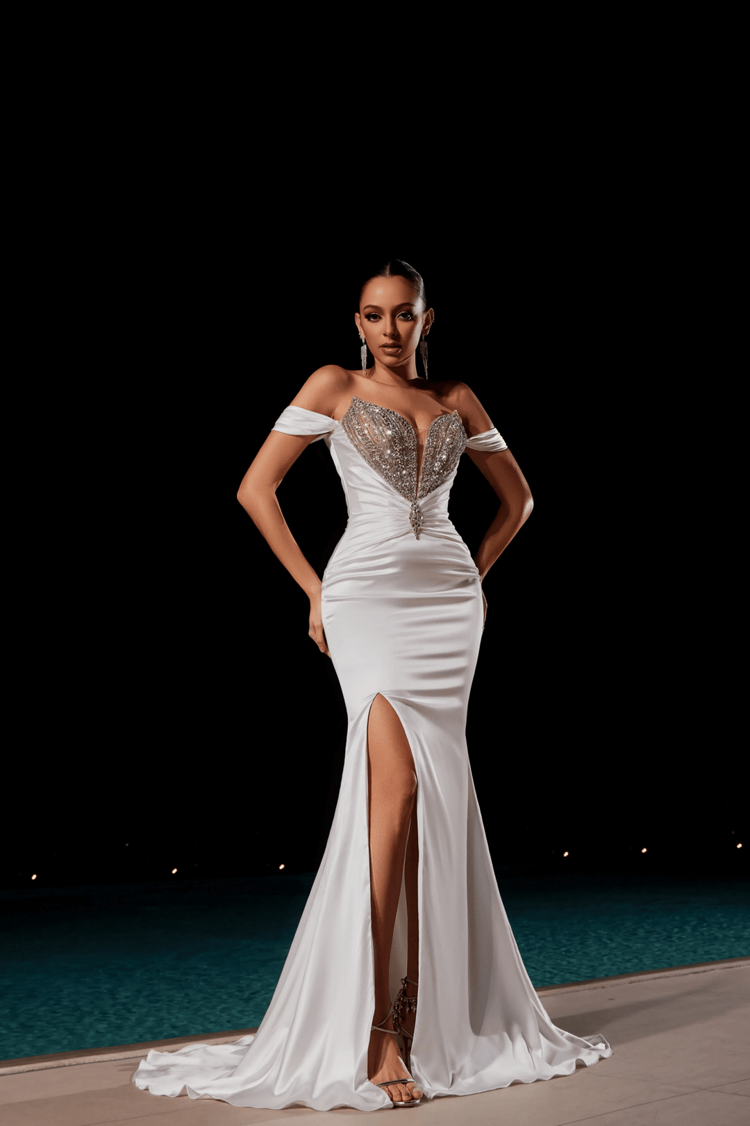 Blue Sequin Dress with Crystal Beaded Detailing – Embellished Gown with High Slit and Flowing Train Plus Size - WonderlandByLilian