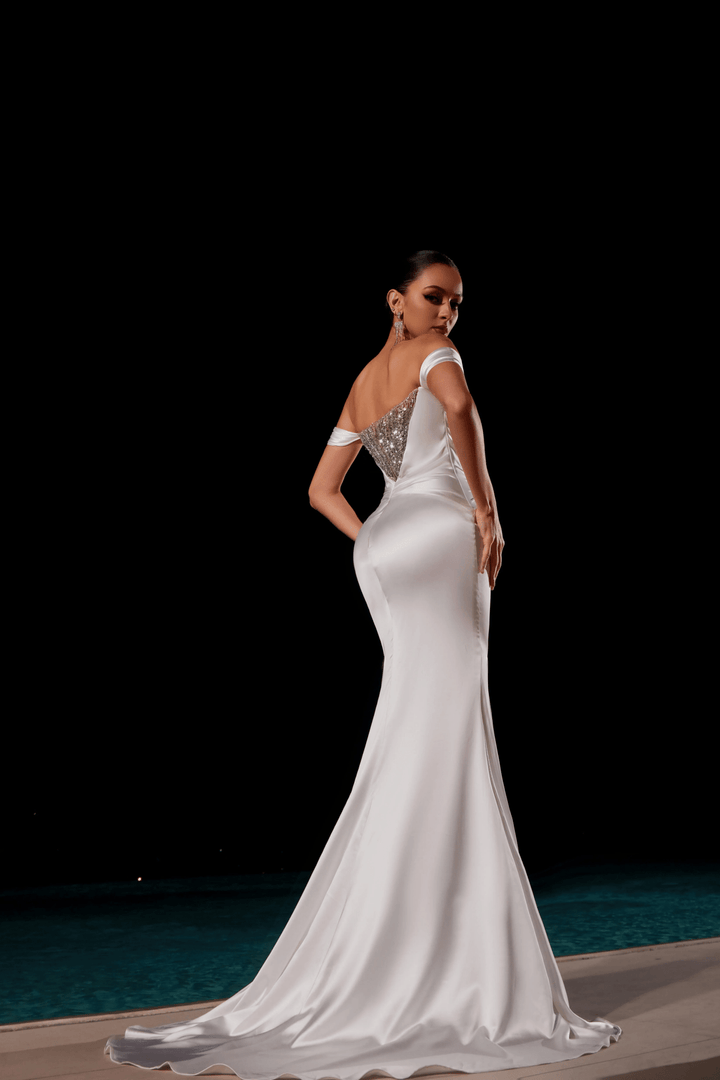 Blue Sequin Dress with Crystal Beaded Detailing – Embellished Gown with High Slit and Flowing Train Plus Size - WonderlandByLilian