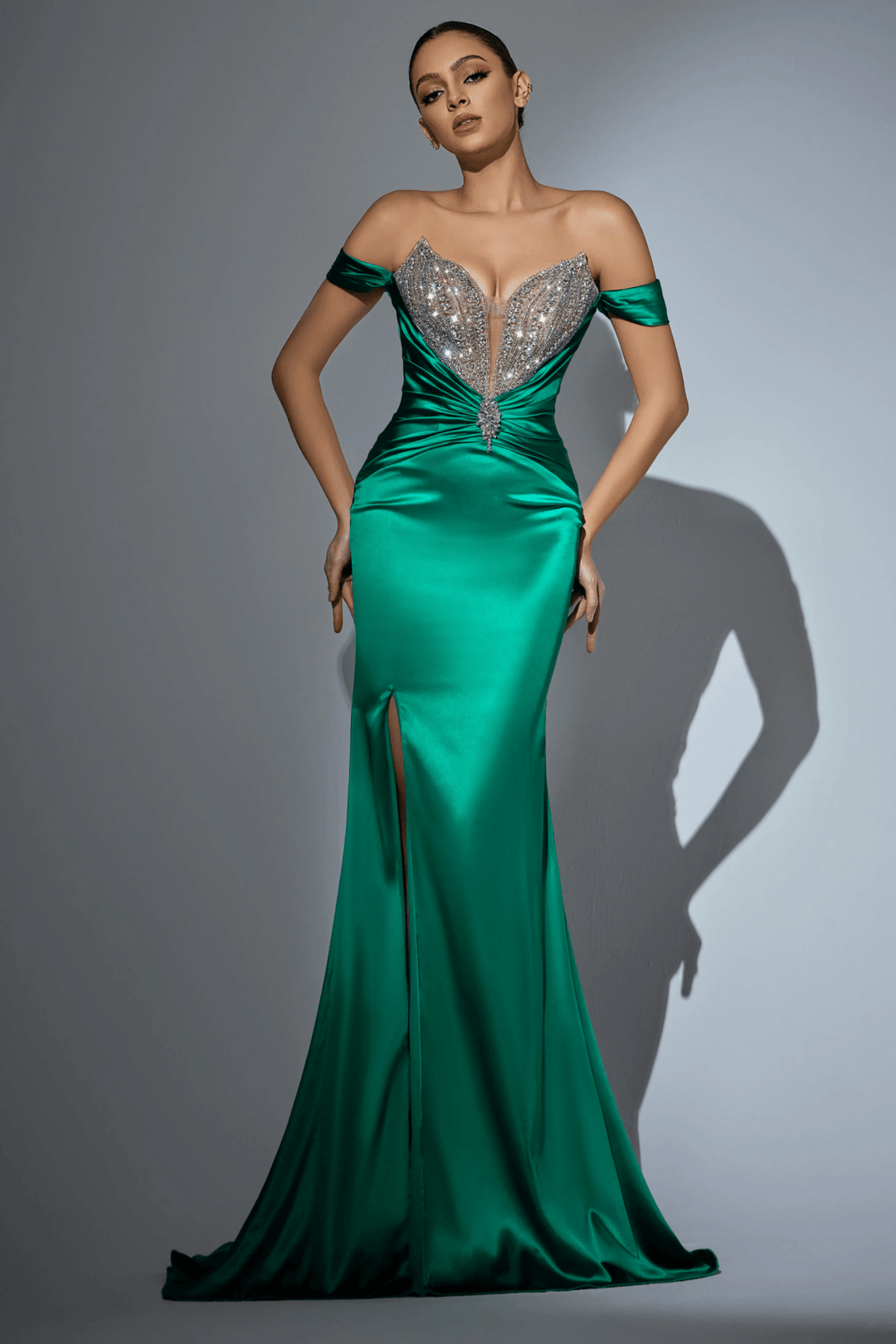 Blue Sequin Dress with Crystal Beaded Detailing – Embellished Gown with High Slit and Flowing Train Plus Size - WonderlandByLilian