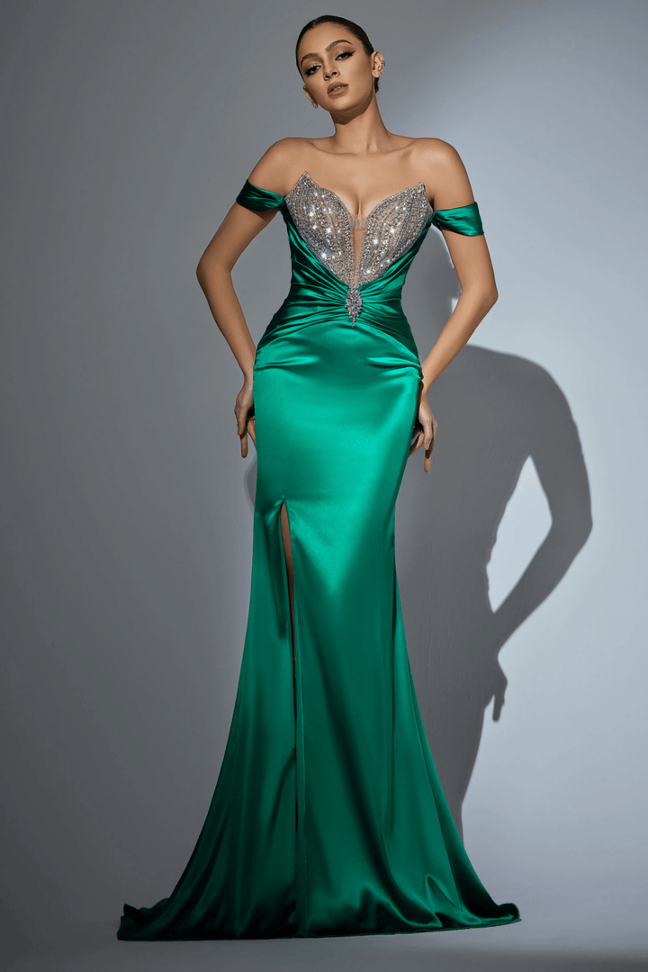 Blue Sequin Dress with Crystal Beaded Detailing – Embellished Gown with High Slit and Flowing Train Plus Size - WonderlandByLilian