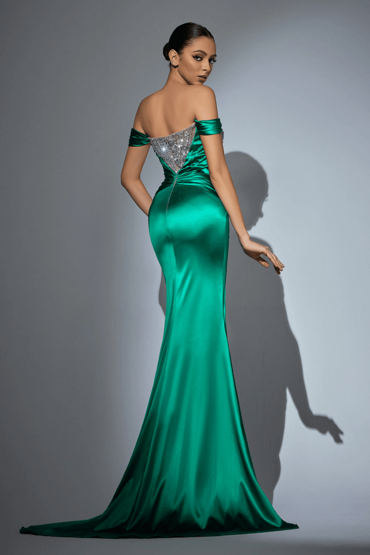 Blue Sequin Dress with Crystal Beaded Detailing – Embellished Gown with High Slit and Flowing Train Plus Size - WonderlandByLilian