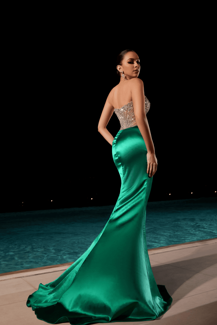 Blue Sequin Evening Gown with Beaded Corset Top – Designer Sequin Dress with High Slit and Satin Train Plus Size - WonderlandByLilian