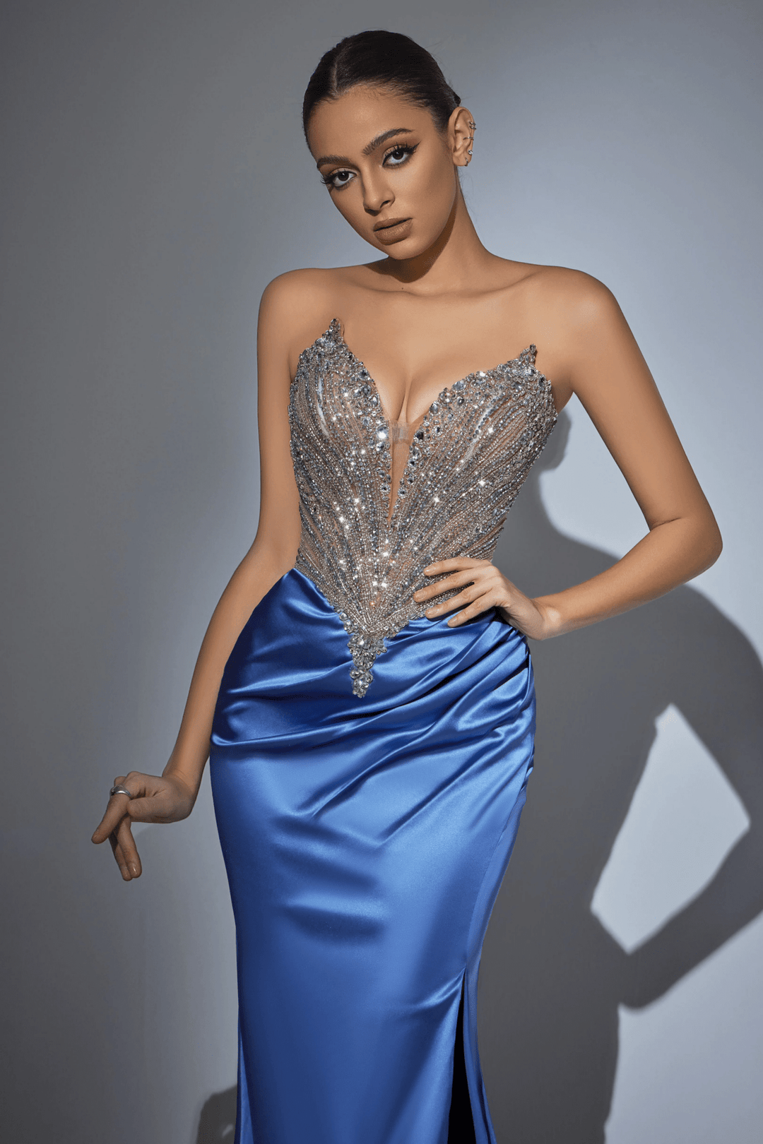 Blue Sequin Evening Gown with Beaded Corset Top – Designer Sequin Dress with High Slit and Satin Train Plus Size - WonderlandByLilian