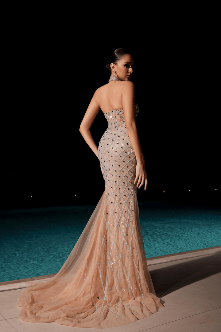 Blue Sequin Strapless Evening Gown with High Slit and Beaded Detailing – Designer Sequin Dress with Sheer Tulle Train Plus Size - WonderlandByLilian