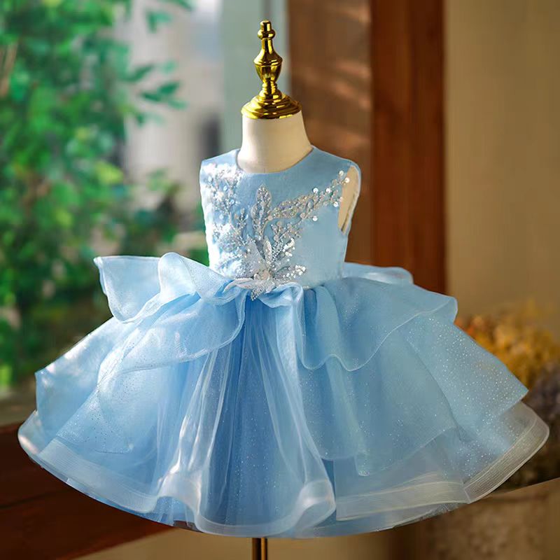 Blue Sequin Tulle Flower Girl Dress for Wedding – Sleeveless Plus Size - WonderlandByLilian