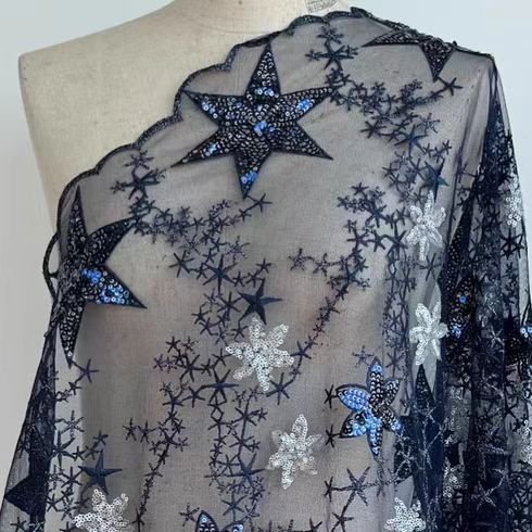 Blue Star Pattern Sequin Embroidered Lace Fabric - WonderlandByLilian