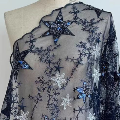 Blue Star Pattern Sequin Embroidered Lace Fabric - WonderlandByLilian