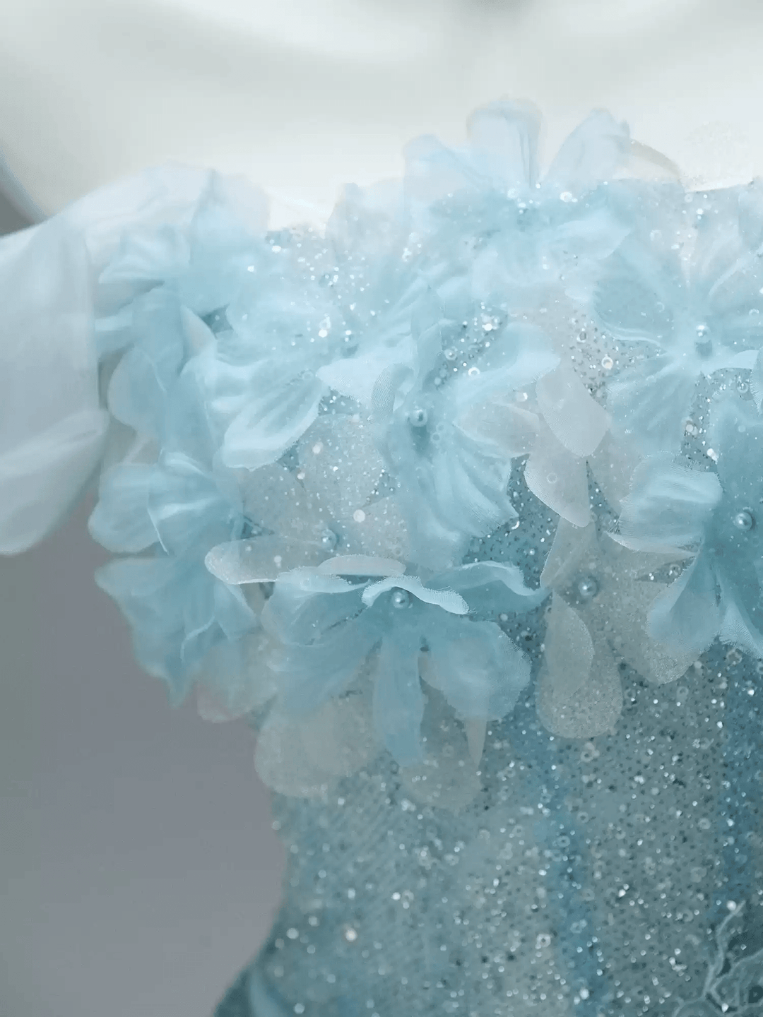 Blue Strapless Layered Tulle Ruffle Dress with Floral Appliqué – Sparkly Sequin Evening Dress with Corset Plus Size - WonderlandByLilian