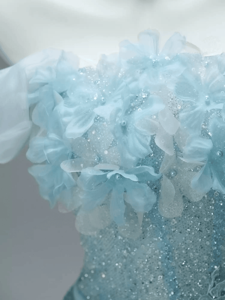 Blue Strapless Layered Tulle Ruffle Dress with Floral Appliqué – Sparkly Sequin Evening Dress with Corset Plus Size - WonderlandByLilian